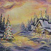 Картины и панно handmade. Livemaster - original item Picture miniature Christmas tree, winter day, 20h15, oil. Handmade.