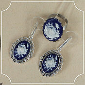 Субкультуры handmade. Livemaster - original item Jewelry set with cameos Rose (ring 18h25 earrings 13h18) blue background. Handmade.