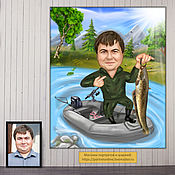 Сувениры и подарки handmade. Livemaster - original item A gift to a man angler for his birthday. A cartoon based on a photo, a fisherman and a boat. Handmade.