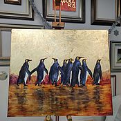 Картины и панно handmade. Livemaster - original item Painting penguins on the background of a golden sunset 60 by 70 cm potal. Handmade.
