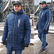 Мужская одежда handmade. Livemaster - original item Men`s winter jacket, long blue men`s hooded jacket. Handmade.