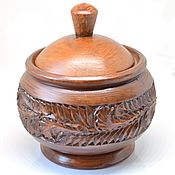 Carved wooden salt cellar with lid and spoon 
