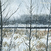 Картины и панно handmade. Livemaster - original item A small watercolor painting of the First snow. Trees, grasses and a lake. Handmade.