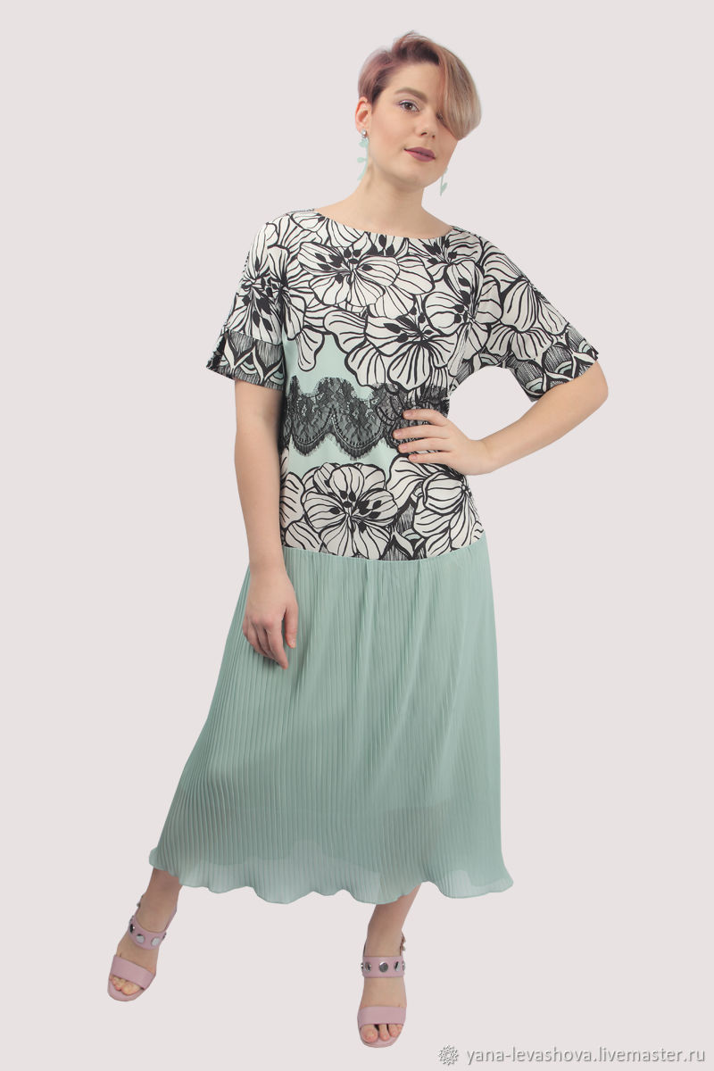 Dress mint black and white with flowers in the floor elegant, Dresses, Moscow,  Фото №1