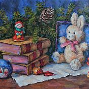 Картины и панно handmade. Livemaster - original item Christmas Bunny. Oil on canvas on cardboard, 30h40 x  cm. Handmade.