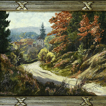 Винтаж ручной работы. Ярмарка Мастеров - ручная работа Винтаж: Erwin Spindler (1860–1926) «Осенний лес с видом на деревню», масло. Handmade.