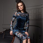 Платье вечернее Розабелль темно-синее из фатина и атласа