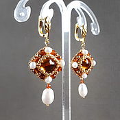 Украшения handmade. Livemaster - original item Square earrings with pearls and spessartin, Byzantine earrings. Handmade.