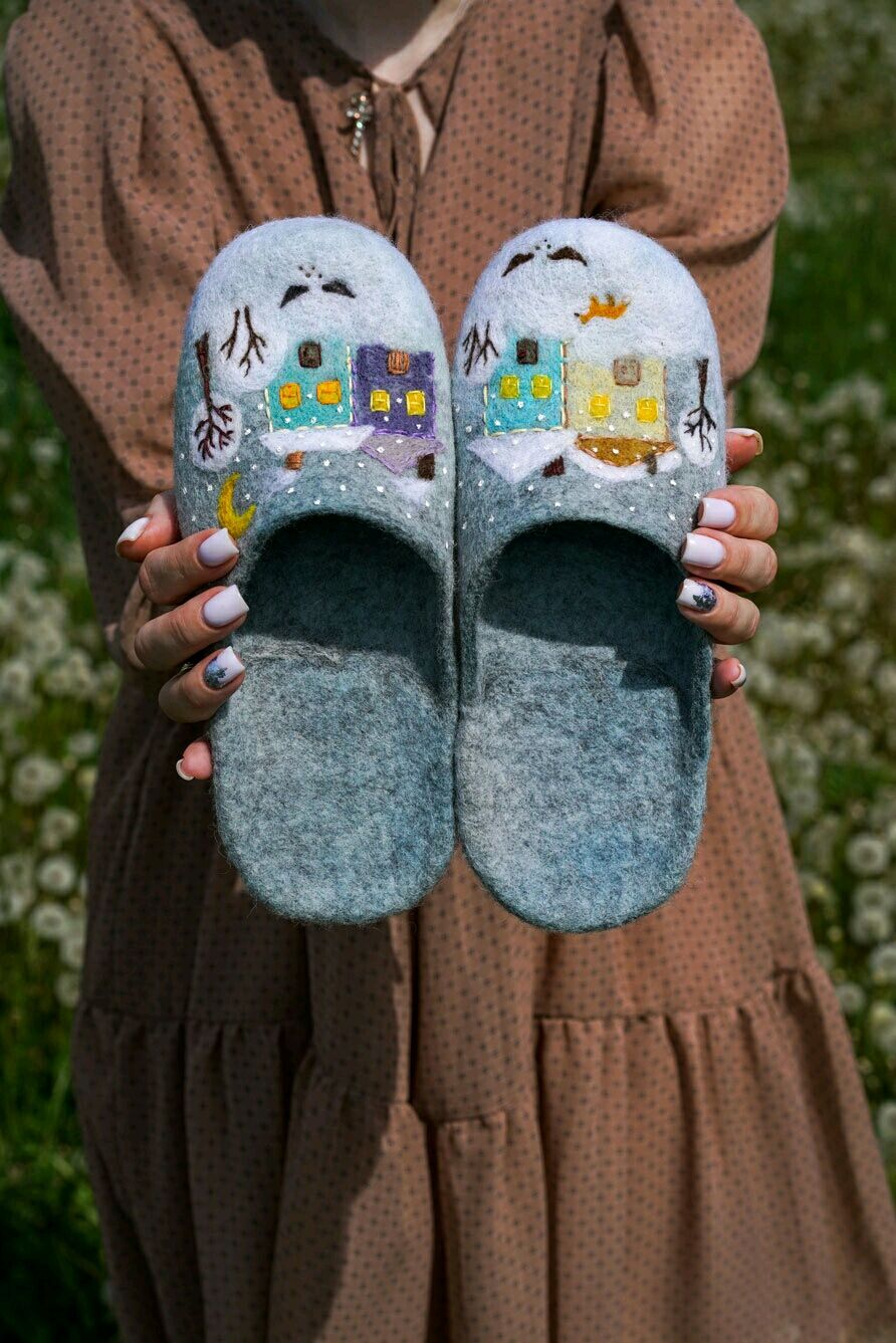 'HOUSES. Fox and birds.' felted slippers, Slippers, St. Petersburg,  Фото №1