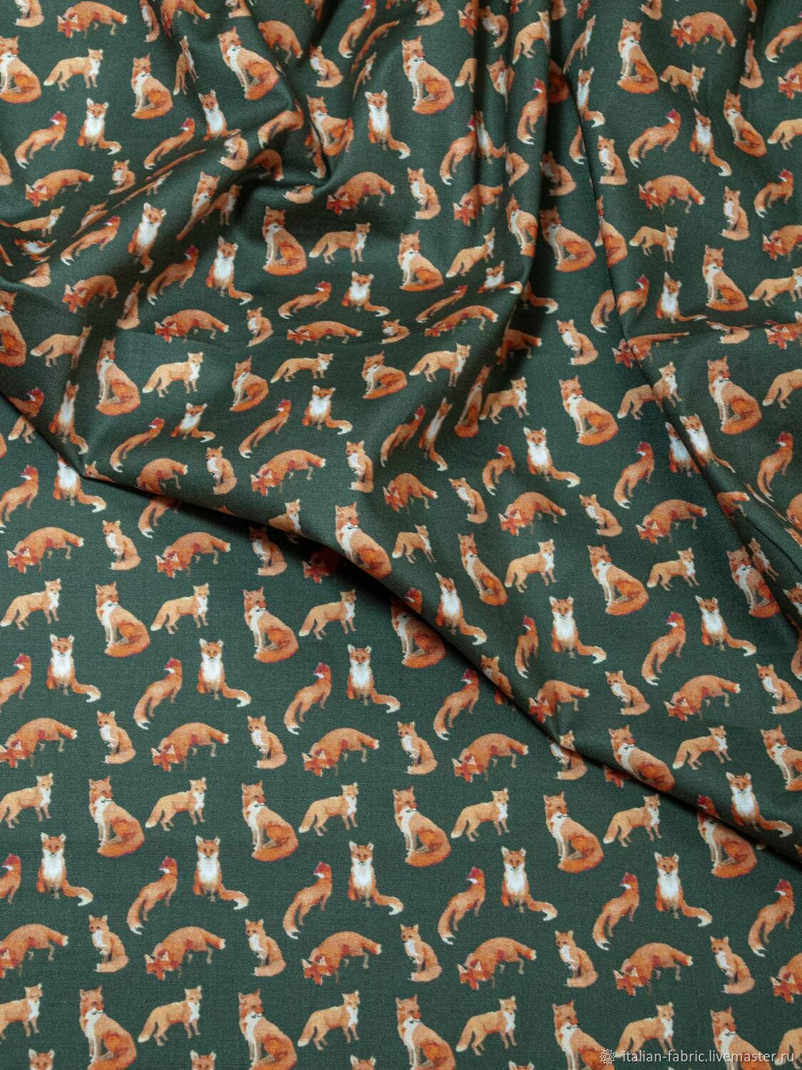 Сорочечный хлопок с лисичками, фон серо-зеленый, 1052213, Ткани, Королев,  Фото №1