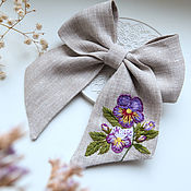 Украшения handmade. Livemaster - original item Bow - linen, embroidery Pansies. Handmade.