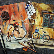 Картины и панно handmade. Livemaster - original item Painting: painting watercolor pastel city landscape BICYCLE STORIES. Handmade.