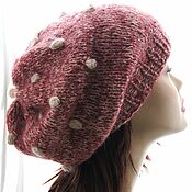Аксессуары handmade. Livemaster - original item Warm beret Red and white with bumps with down. Handmade.