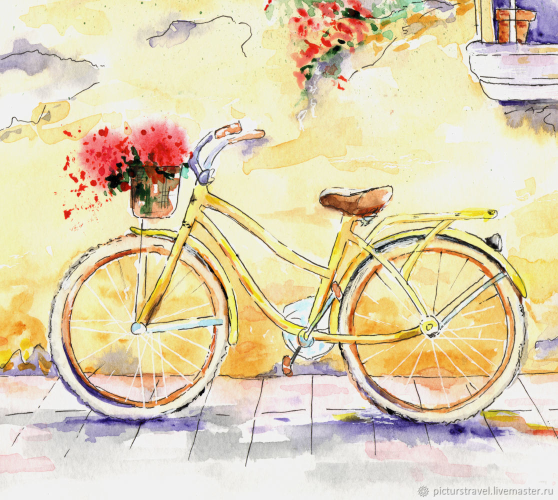 Велосипед с цветами акварель