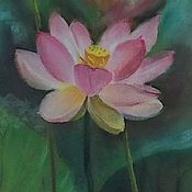 Картины и панно handmade. Livemaster - original item Picture of a pink Lotus flower on a green background in a frame, pastel.. Handmade.
