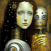 Картины и панно handmade. Livemaster - original item Painting Girl and Robot. Gold Silver painting fantasy art. Handmade.