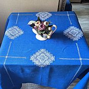 Для дома и интерьера handmade. Livemaster - original item Tablecloth 147/147 linen 100% blue 4 cubans (napkins optional. Handmade.