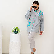 Одежда handmade. Livemaster - original item Linen shirt with embroidery light gray with turquoise. Handmade.