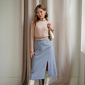 Одежда handmade. Livemaster - original item Viscose midi skirt with slit, blue beige plaid skirt. Handmade.
