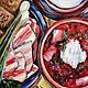 Заказать Натюрморт на кухню. Борщ со сметаной, чёрный хлеб, лук, чеснок, сало. Анна Гуди. Ярмарка Мастеров. . Картины Фото №3