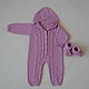 Pink knitted jumpsuit with hood and booties, Overall for children, Moscow,  Фото №1