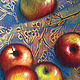 Apples, made with dry pastels look very bright and stand out against the iridescent fabric, transparent watercolor and liquid for gilding.
