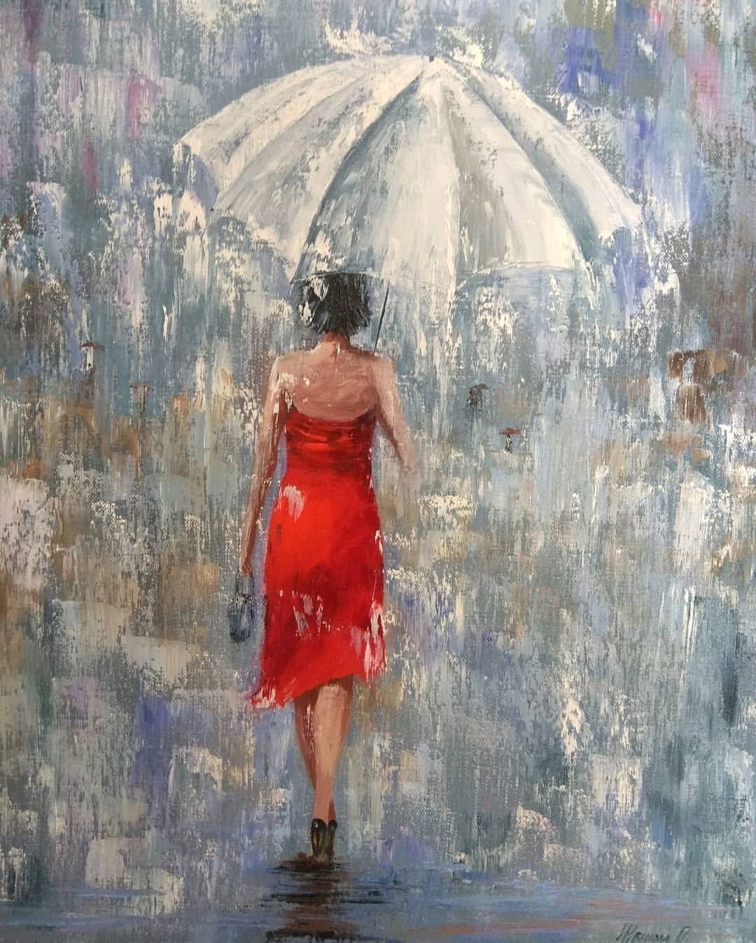Девушка под дождем живопись