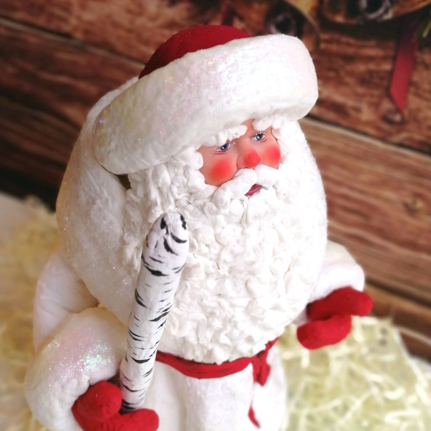 Дед Мороз из ваты под ёлку с берёзовым посохом купить на