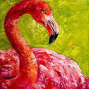 Картины и панно handmade. Livemaster - original item Flamingo Oil Painting Canvas 25 x 25 Pink Bird Impasto. Handmade.