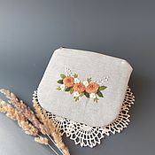 Linen cosmetic bag with hand embroidery