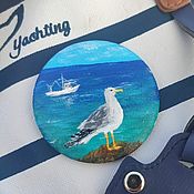 Украшения handmade. Livemaster - original item A Seagull brooch on a stone. Miniature painting on canvas. Seascape. Handmade.