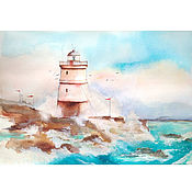 Картины и панно handmade. Livemaster - original item Painting sea shore lighthouse landscape watercolor. Handmade.