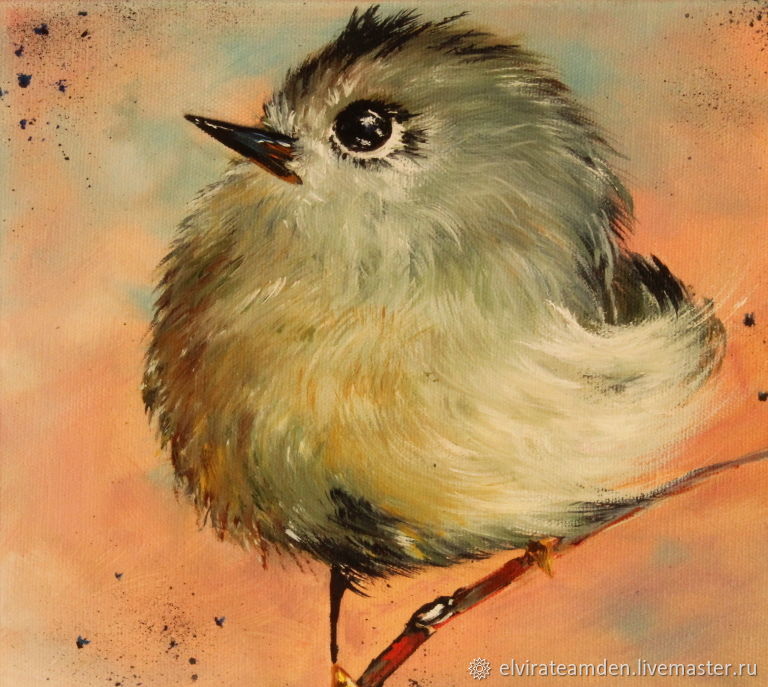 Картина маслом Миниатюра Птенчик Картины с птицами Птички на ветке в ...