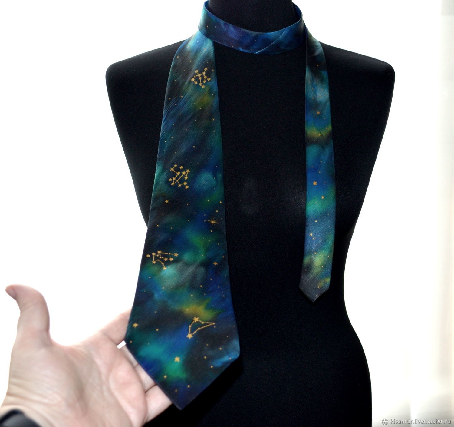 Silk tie constellations stars cosmos blue green gift for a man, Ties, Tver,  Фото №1