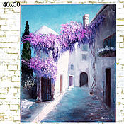 Картина маслом"Бочки с цветами"45х50 ,в раме52х57