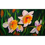 Картины и панно handmade. Livemaster - original item Painting Daffodils Oil Painting Flowers for Interior on black background. Handmade.