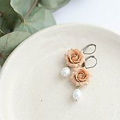 Украшения handmade. Livemaster - original item Earrings with a beige rose and a handmade pearl pendant. Handmade.