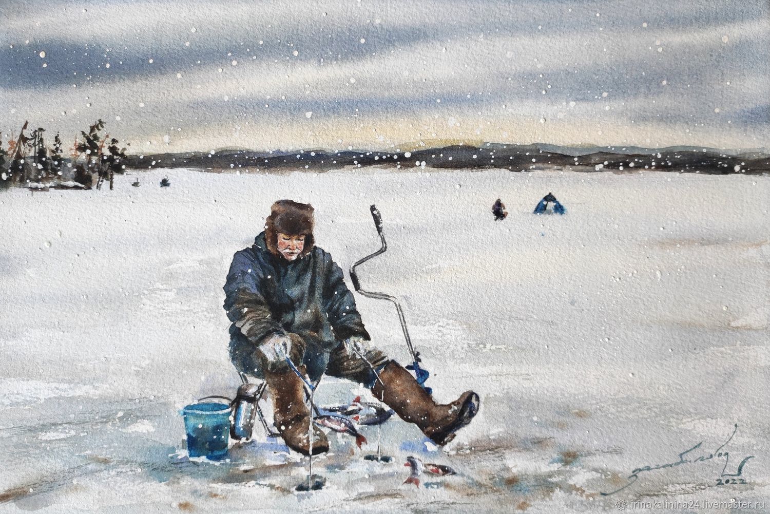 Дeти на зимней рыбалке картина Автор