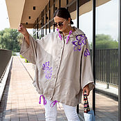 Одежда handmade. Livemaster - original item Linen parka with purple embroidery. Handmade.