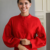 Одежда handmade. Livemaster - original item Linen dress with a stand-up collar in red. Handmade.