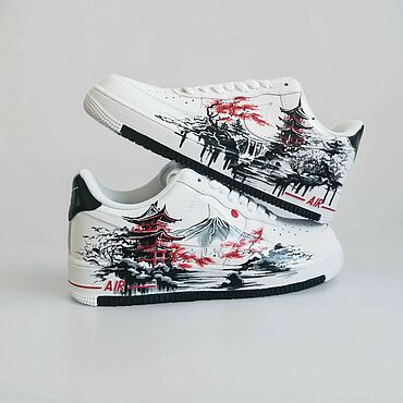 Обувь ручной работы. Ярмарка Мастеров - ручная работа Кроссовки белые Nike Air Force унисекс, кастом, япония, ручная роспись. Handmade.