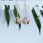Украшения handmade. Livemaster - original item Long earrings with real flowers. Yellow-purple earrings. Handmade.