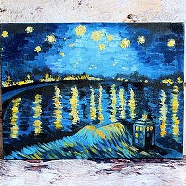 Картина маслом мини "Звездная ночь и Тардис" Ван Гог 20х15см. . Картины и панно ручной работы - Ярмарка Мастеров Картины и панно ручной работы. Ярмарка Мастеров - ручная работа Картина маслом мини "Звездная ночь и Тардис" Ван Гог 20х15см. Handmade.