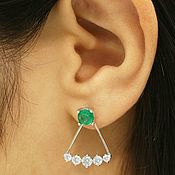 14K White Gold Emerald Earrings, Emerald Dangle Studs, Vintage