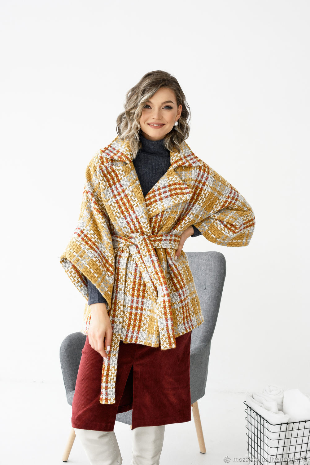 Checkered Manto Coat, Short Yellow Woolen Demi-season coat, Coats, Novosibirsk,  Фото №1