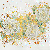 Картины и панно handmade. Livemaster - original item White rosehip in gold, watercolor as a gift, white roses. Handmade.