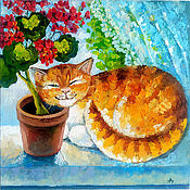 Картины и панно handmade. Livemaster - original item Painting Cat and Geranium 25 x 25 Oil on Canvas Cat Flower in a Pot. Handmade.