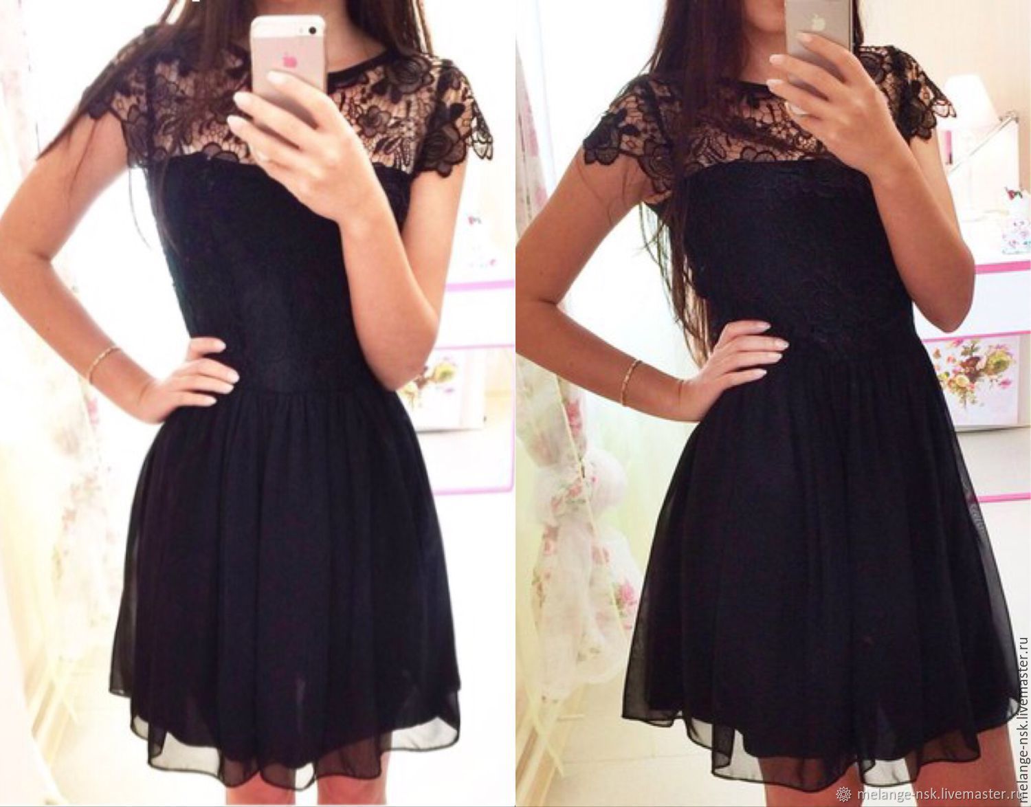 Короткое черное платье с кружевом