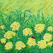 Картины и панно handmade. Livemaster - original item Painting dandelions and ladybug in the meadow 
