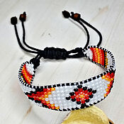 Украшения handmade. Livemaster - original item Thin Braided Beaded Bracelet Orange Geometric Pattern. Handmade.